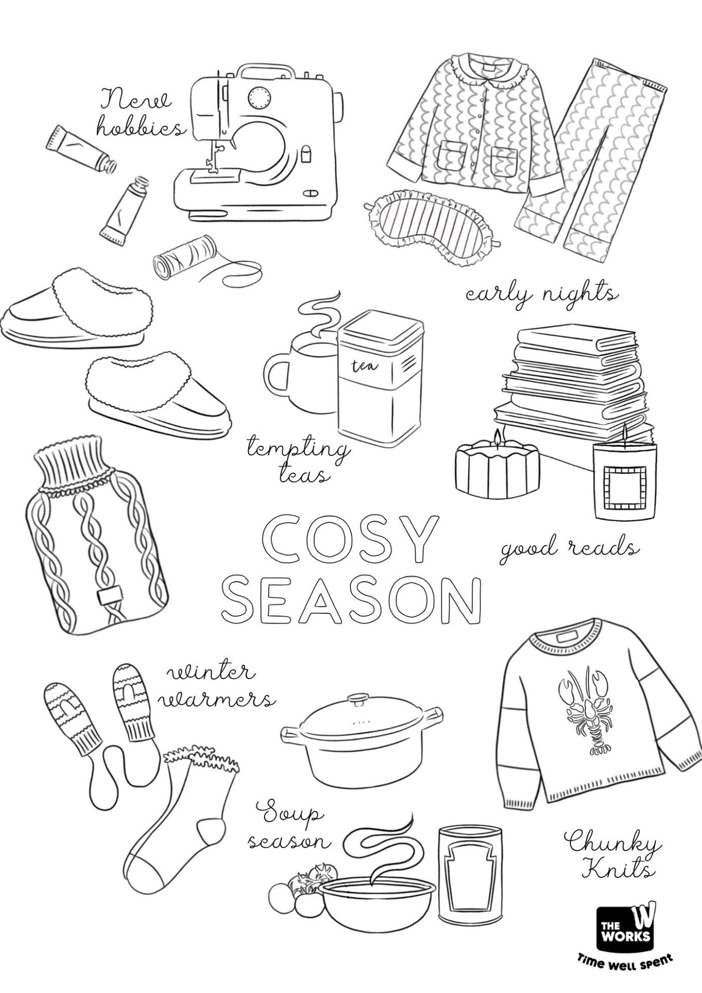 Adult colouring sheet showing flat lay of hobbies, including a journal saying 'Hello 2026' in the centre.