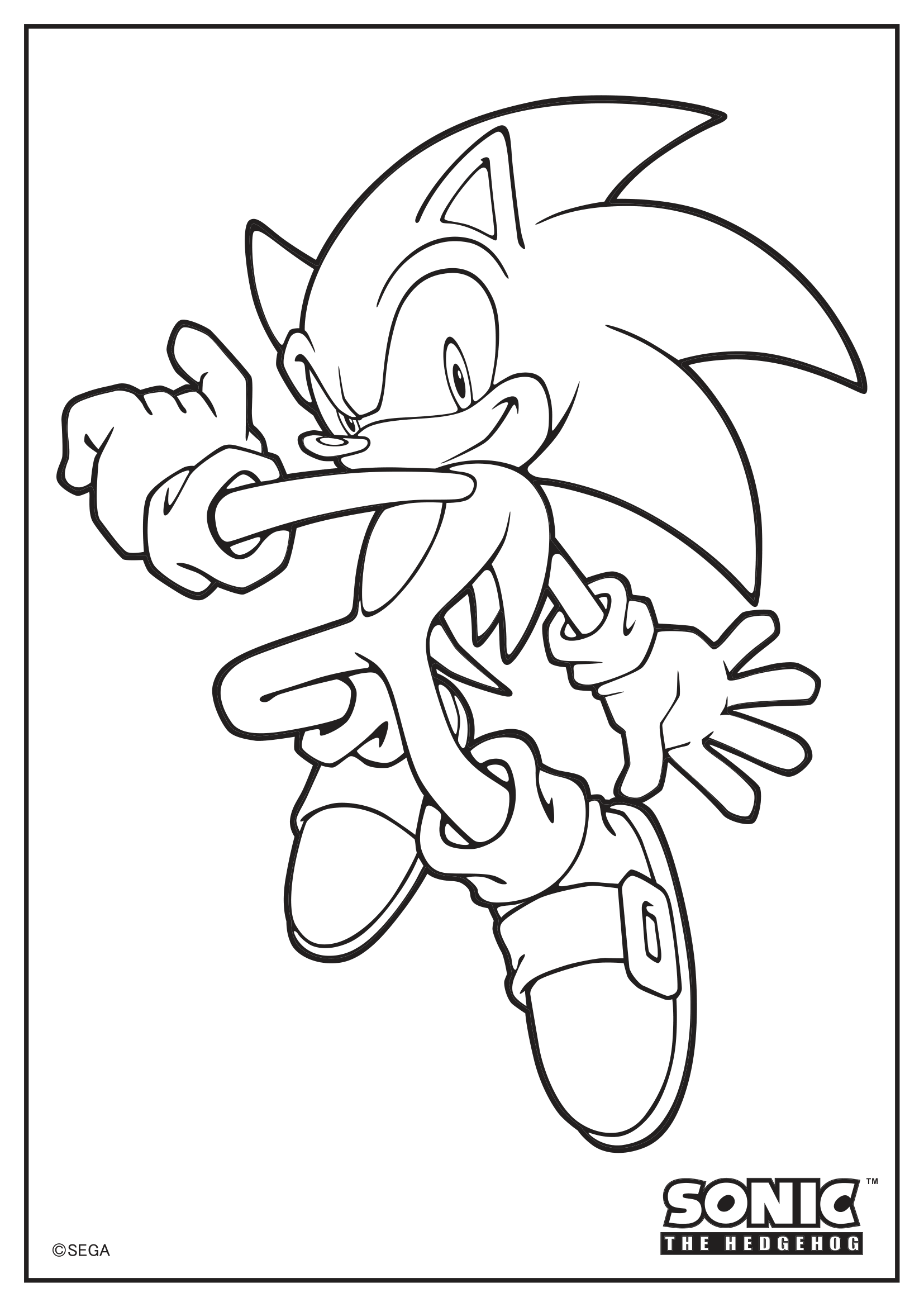 Sonic Colouring Sheet Black outline of Sonic jumping.