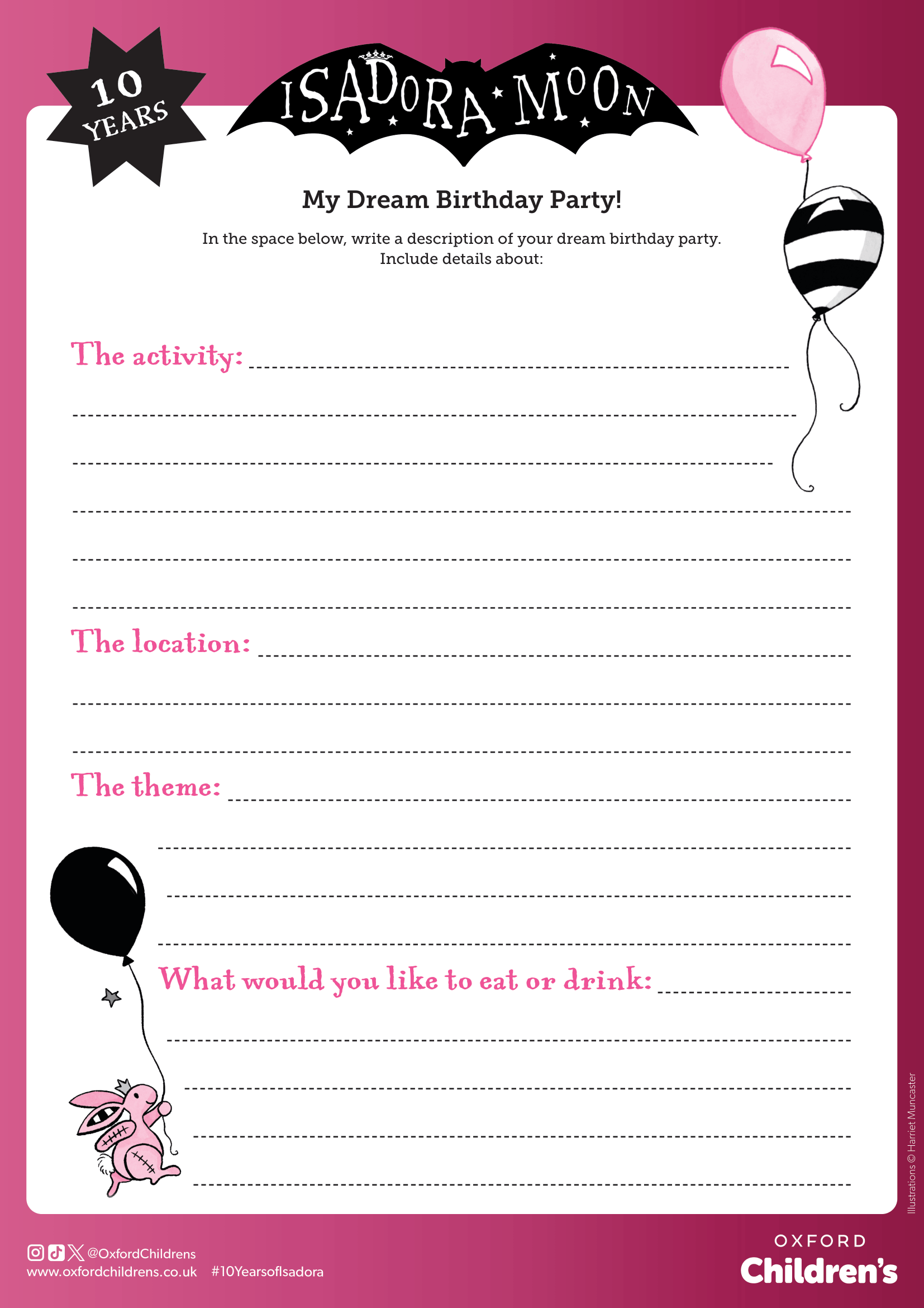 My Dream Birthday Party! Isadora Moon and balloons around a blank space for you to design a birthday card for your friend.