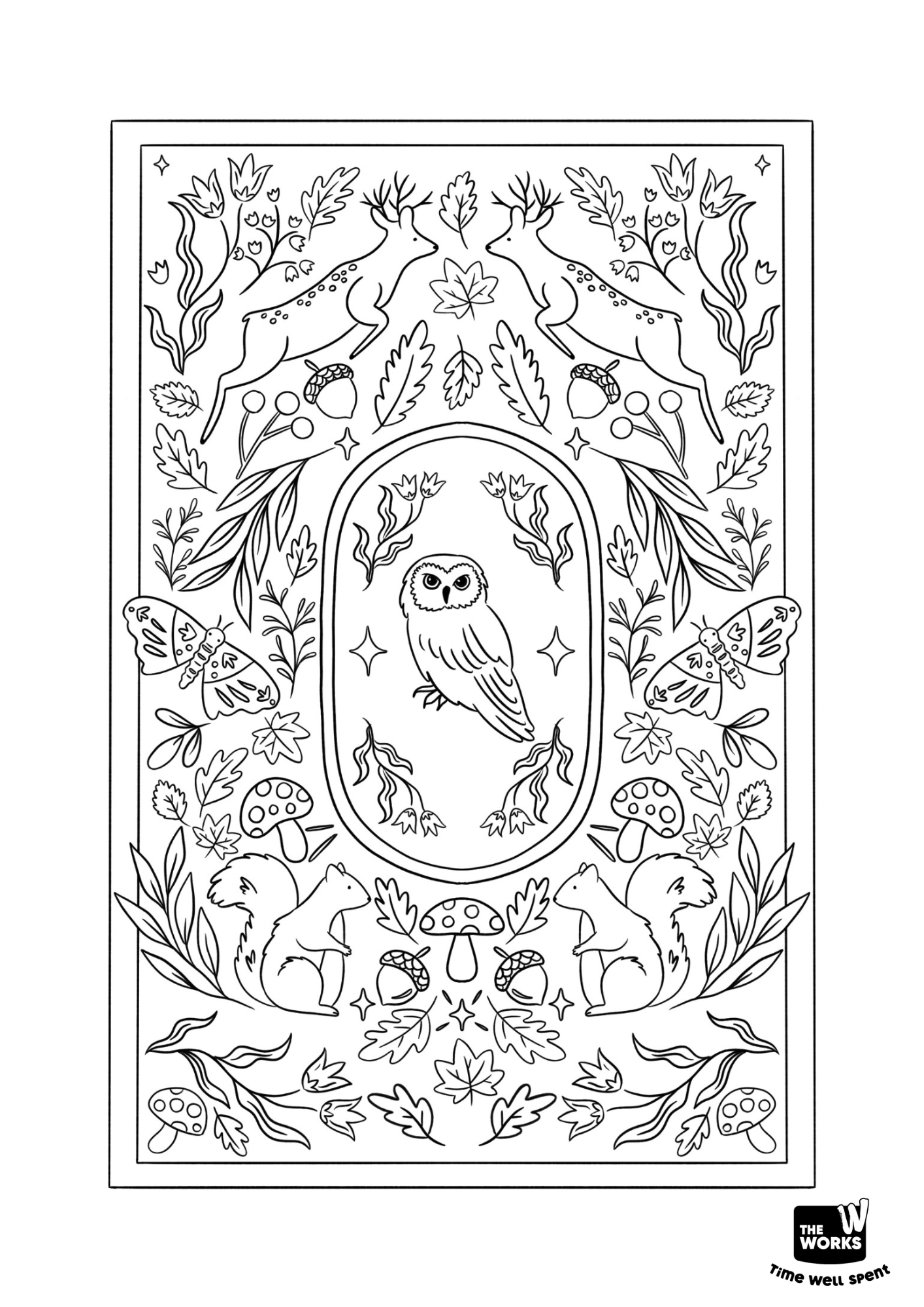Adult colouring sheet featuring autumn woodland creatures and leaves.