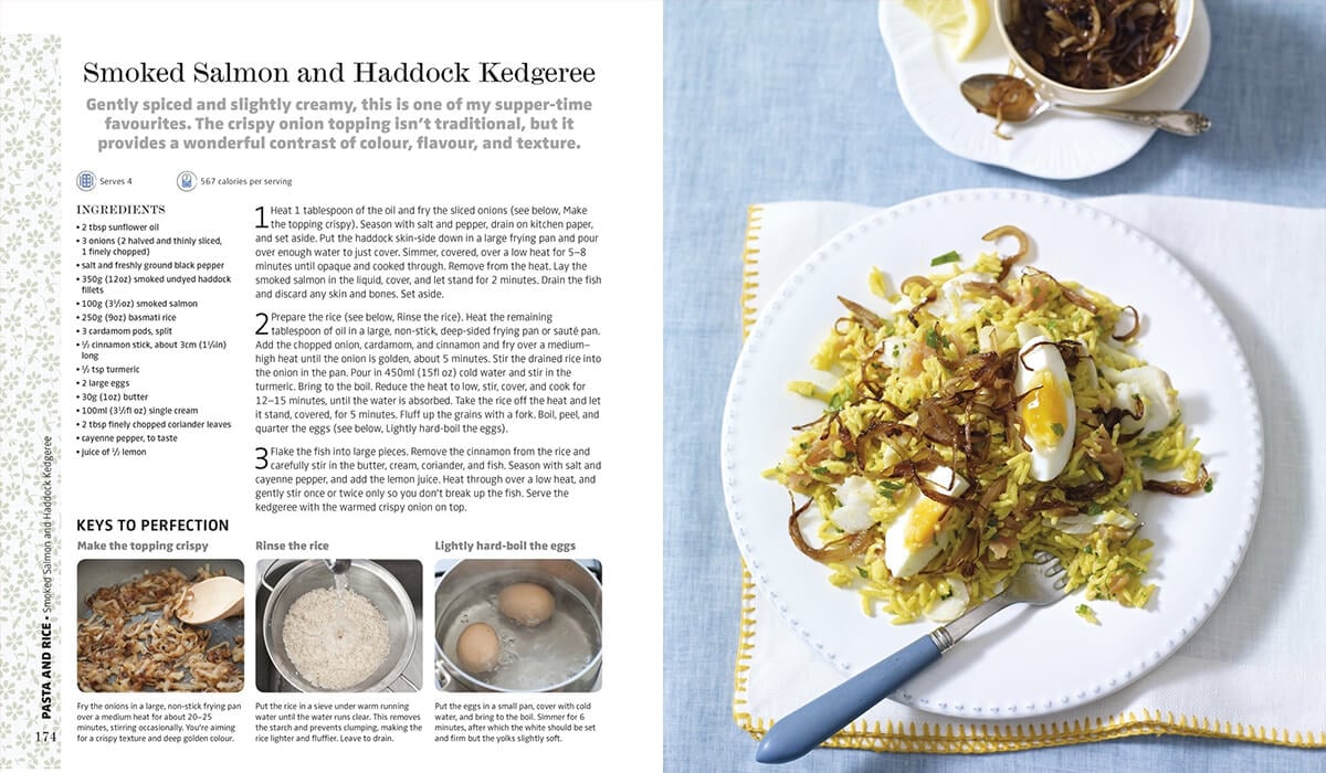 Smoked salmon and haddock kedgeree recipe from her cookbook with instructions and ingredients on the left page and an image on the right.
