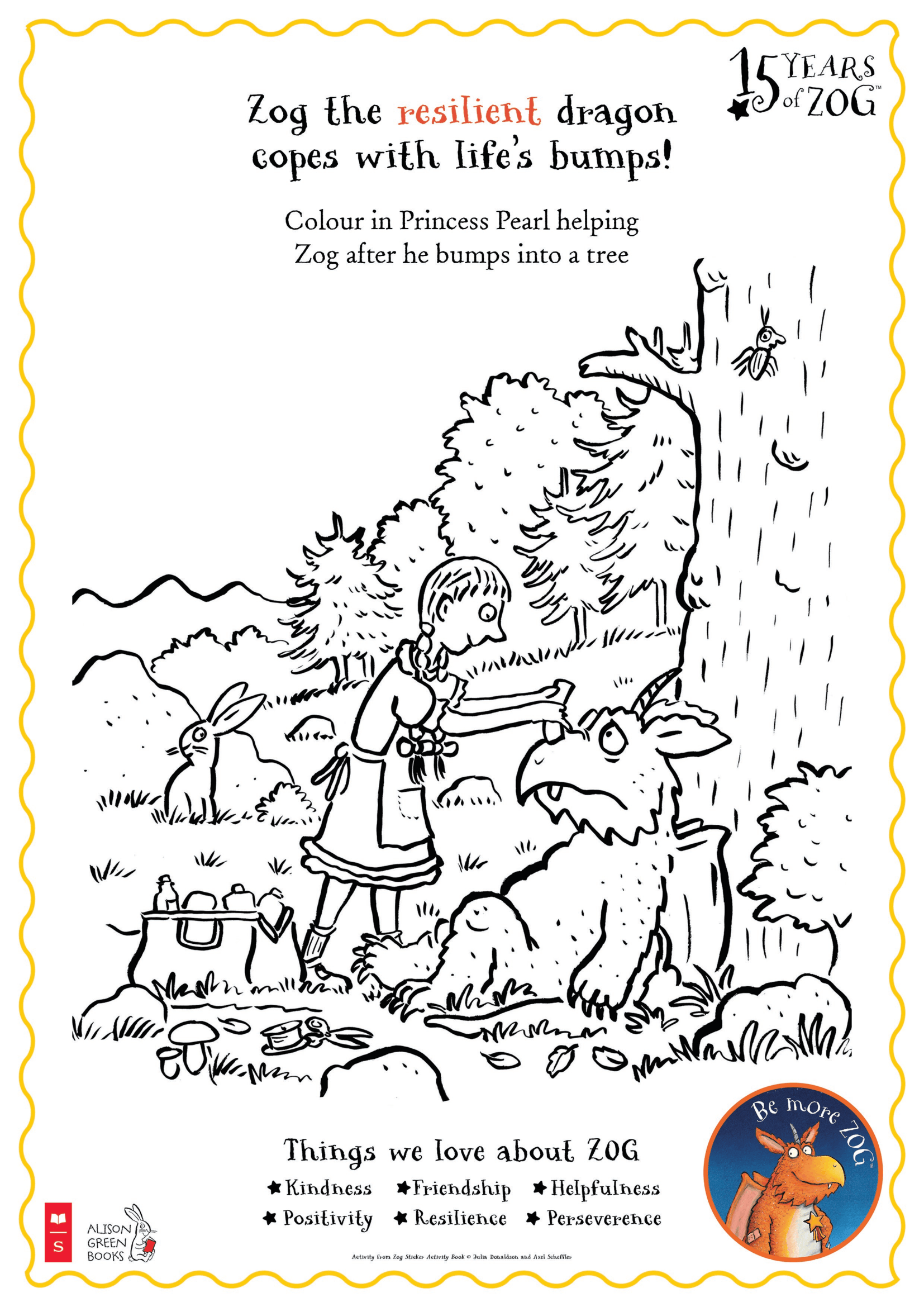 Zog Colouring Sheet Zog the resilient dragon copes with life's bumps colouring sheet.