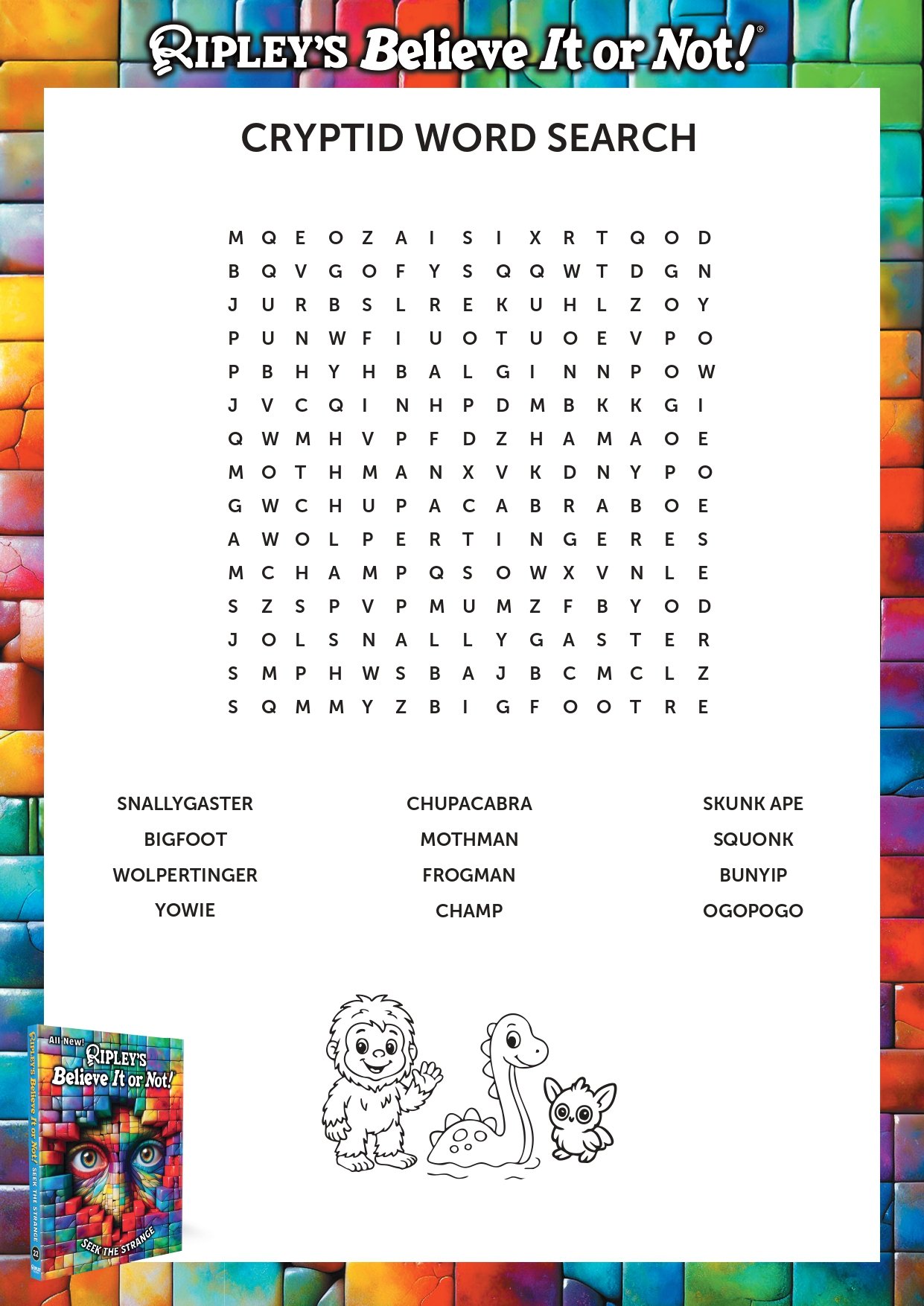 Printable word search featuring words like snallygaster, bigfoot, mothman, and ogopogo.