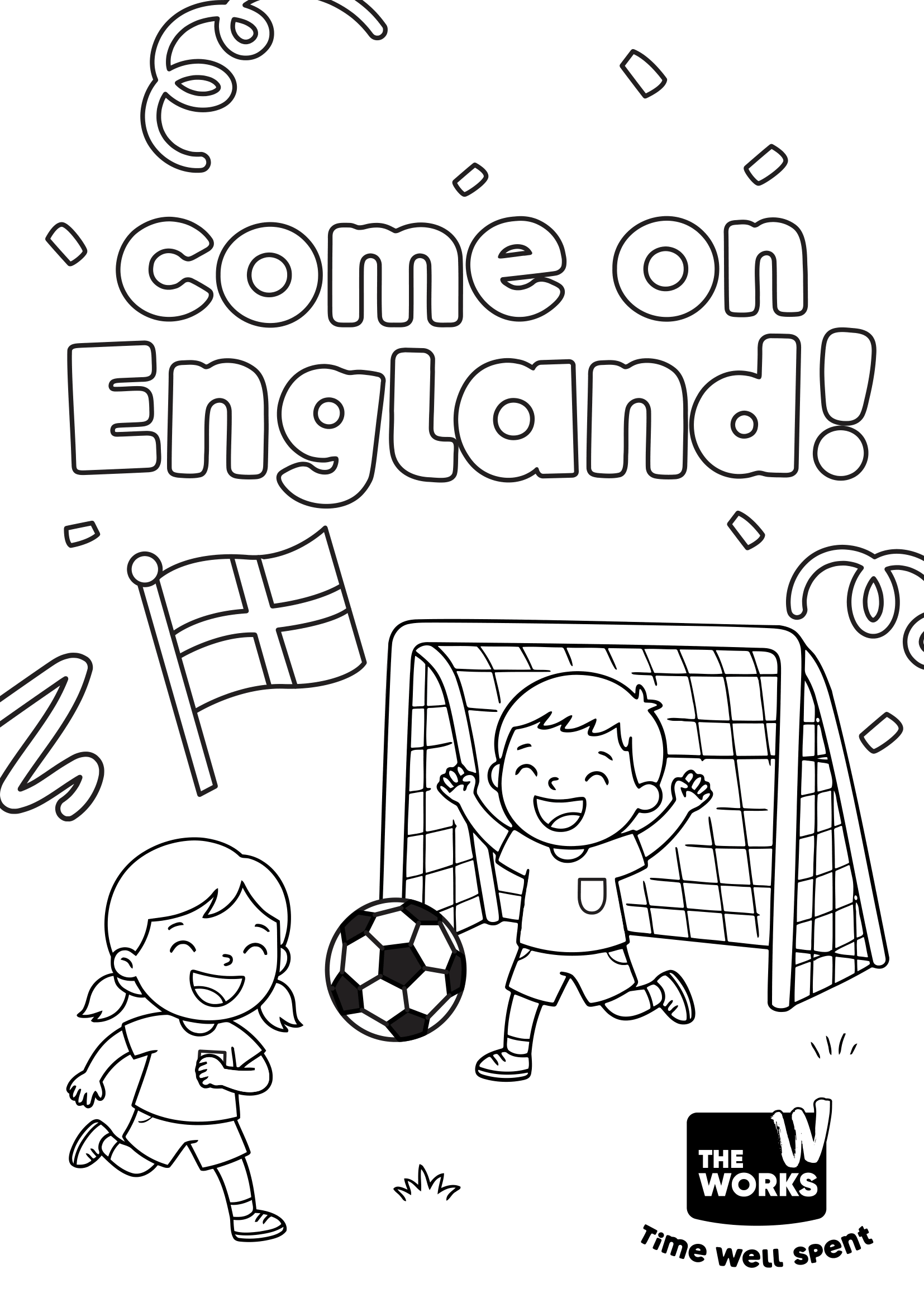Come On England Colouring Sheet Free printable World Cup colouring sheet showing young football teams on a football pitch in a stadium.