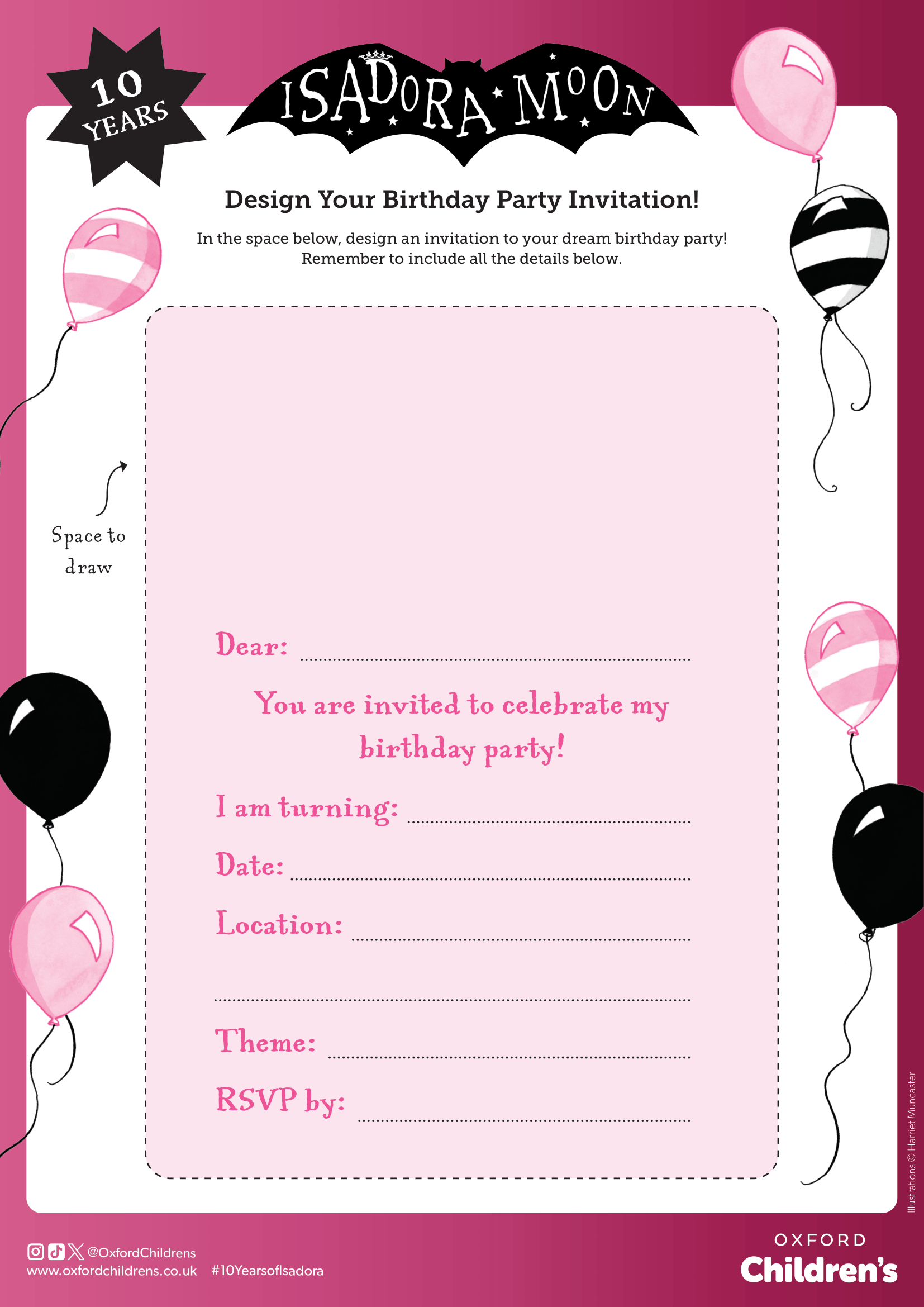 Design a Birthday Party Invitation Isadora Moon and balloons around a blank space for you to design a birthday invitation.