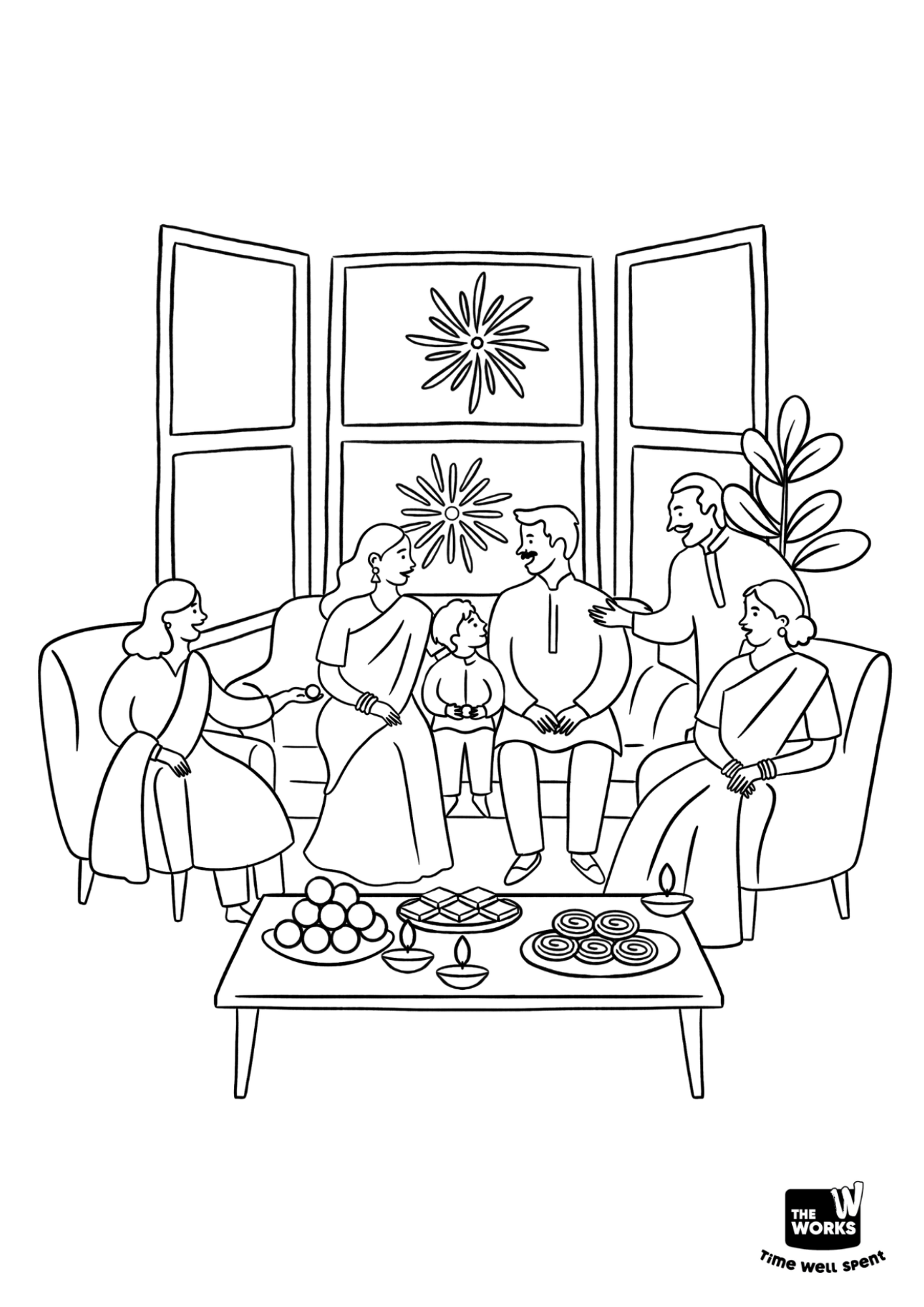Outline of a family gathered together at home to colour in.