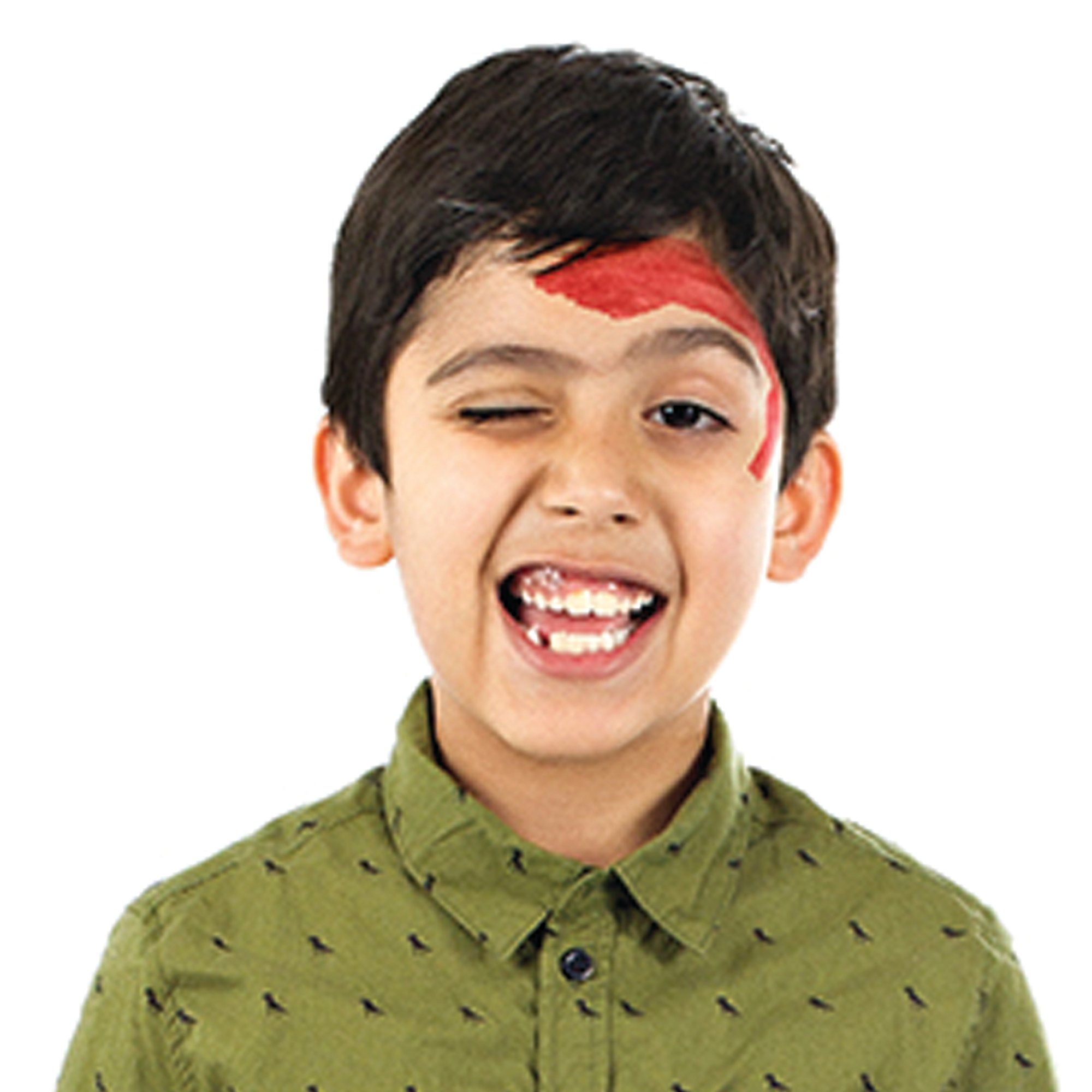 Using a brush and some red paint, draw a large, thick arc that runs across the forehead and curves under the right eye. 