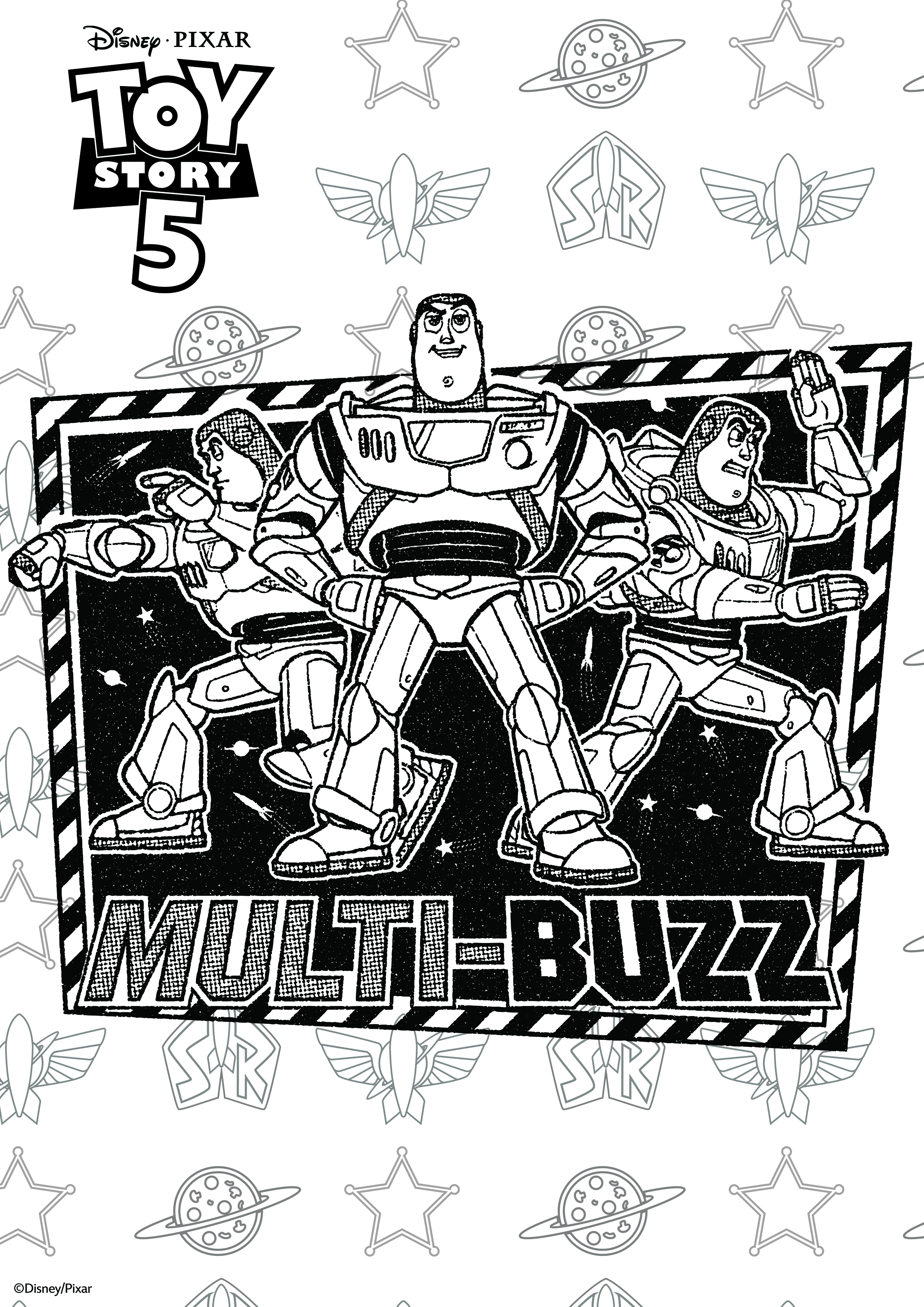A free colouring sheet with three posed Buzz Lightyears and text saying 'Multi-Buzz'.