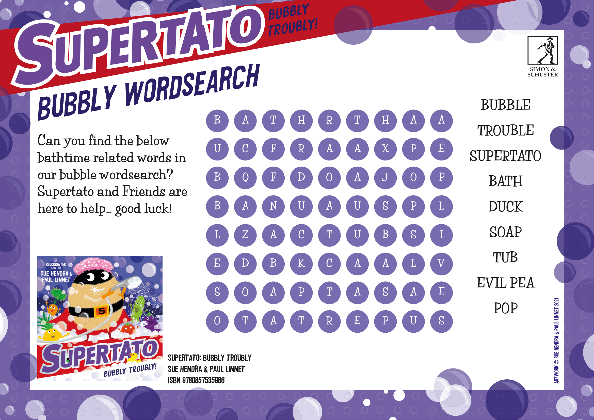 Bubbly Troubly Activity Sheets Free Supertato wordsearch, maze, and spot the difference.