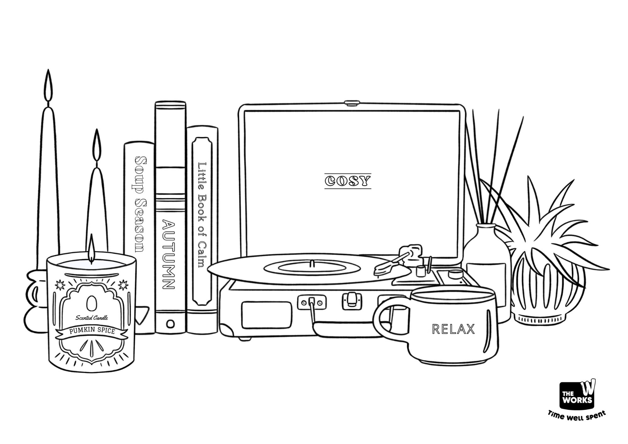 Adult colouring sheet featuring a record player and some books.