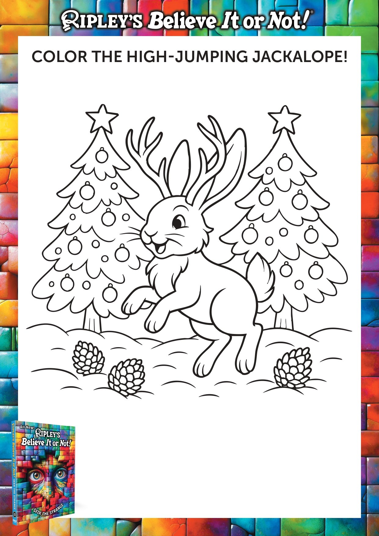A fun colouring sheet of a jackalope jumping in the snow with Christmas trees behind.