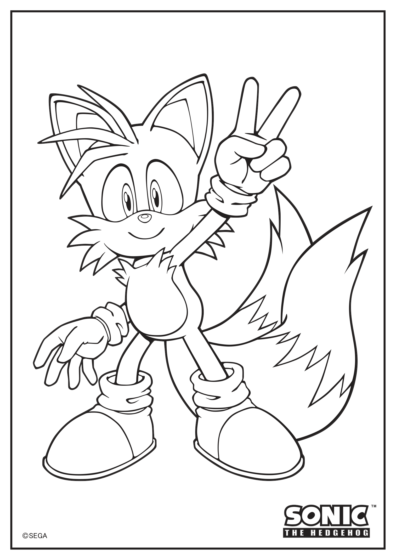 Tails Colouring Sheet Black outline of Tails doing a peace sign.