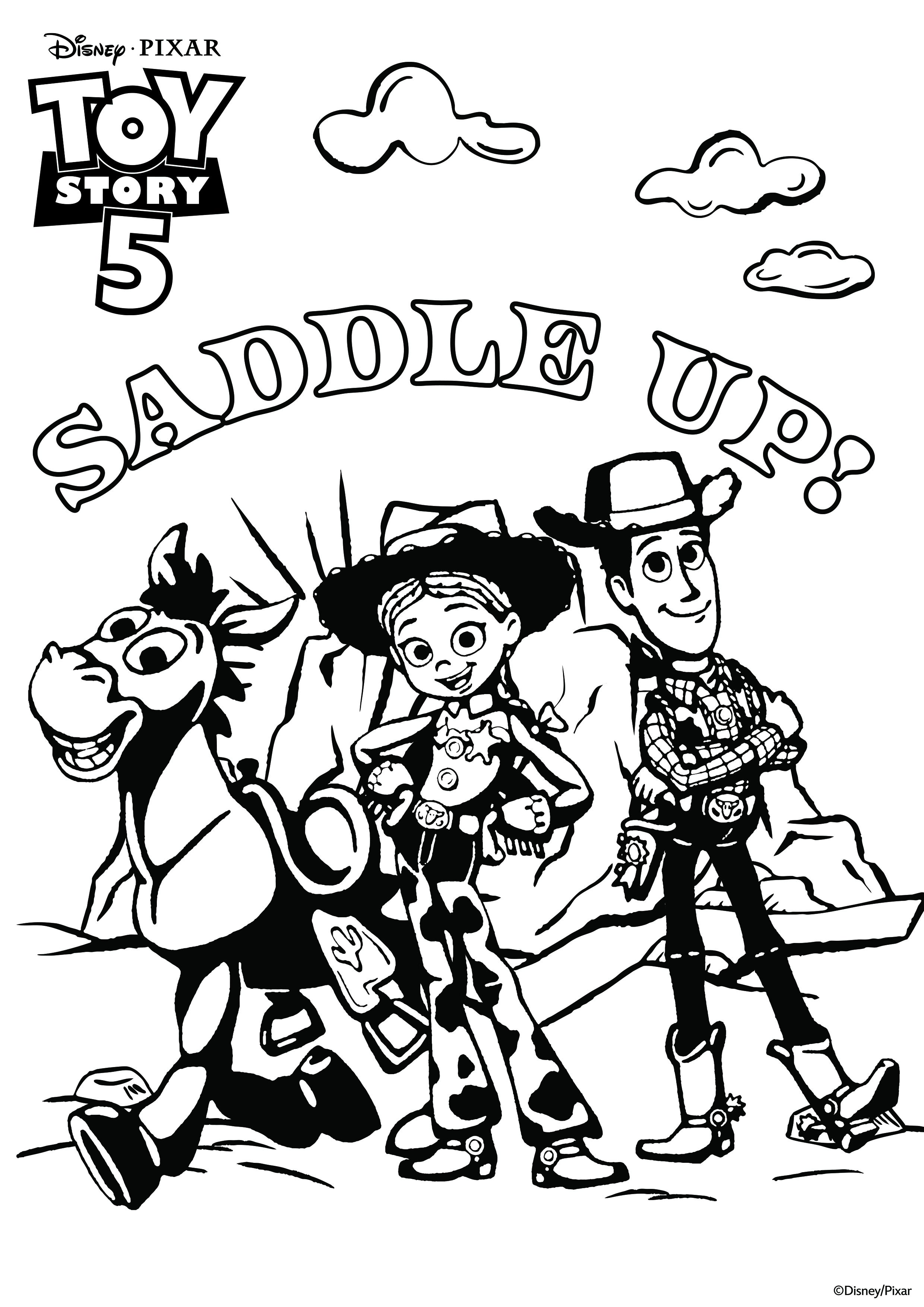 A free colouring sheet of Bullseye, Jessie, and Woody that says 'Saddle Up!'.