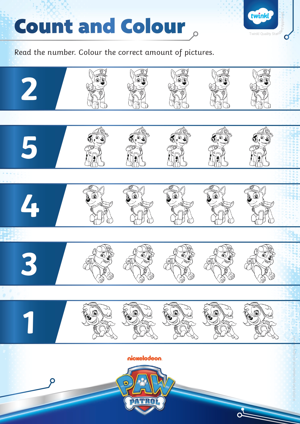 Free Printable PAW Patrol Count and Colour Activity Sheet 1