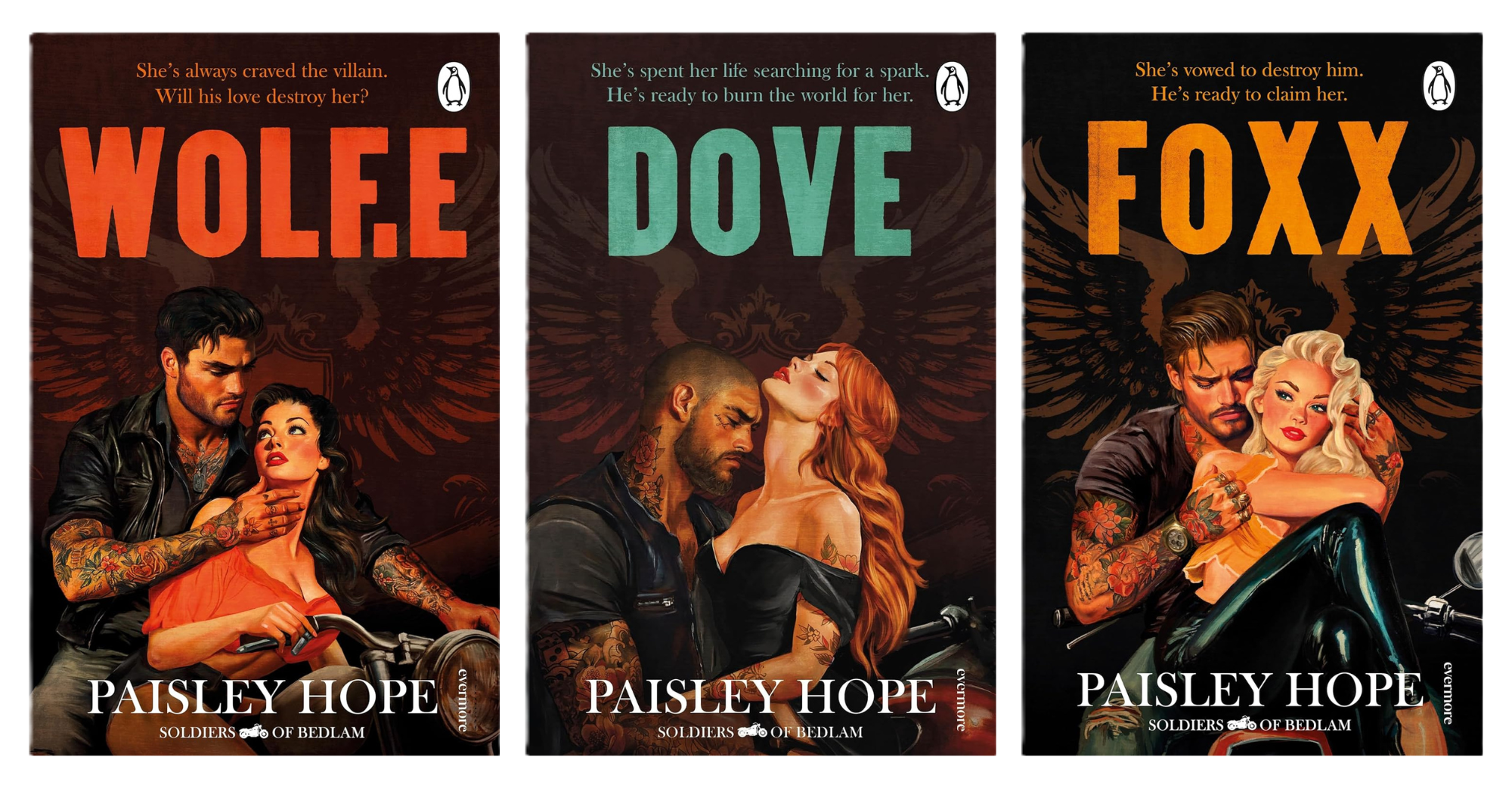 Foxx, Dove, Wolfe (The Works Exclusive) Book covers of Wolf.e, Dove, and Foxx by Paisley Hope