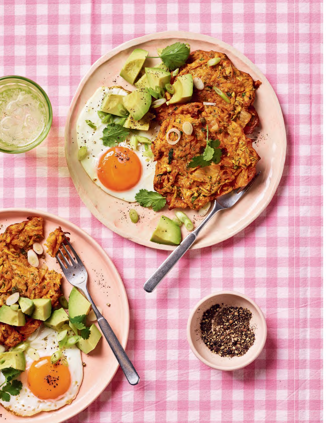 Air Fryer Kimchi Fritters “Crispy air fryer kimchi fritters made with courgette, carrot, and gluten-free flour, served with salad and fried egg.