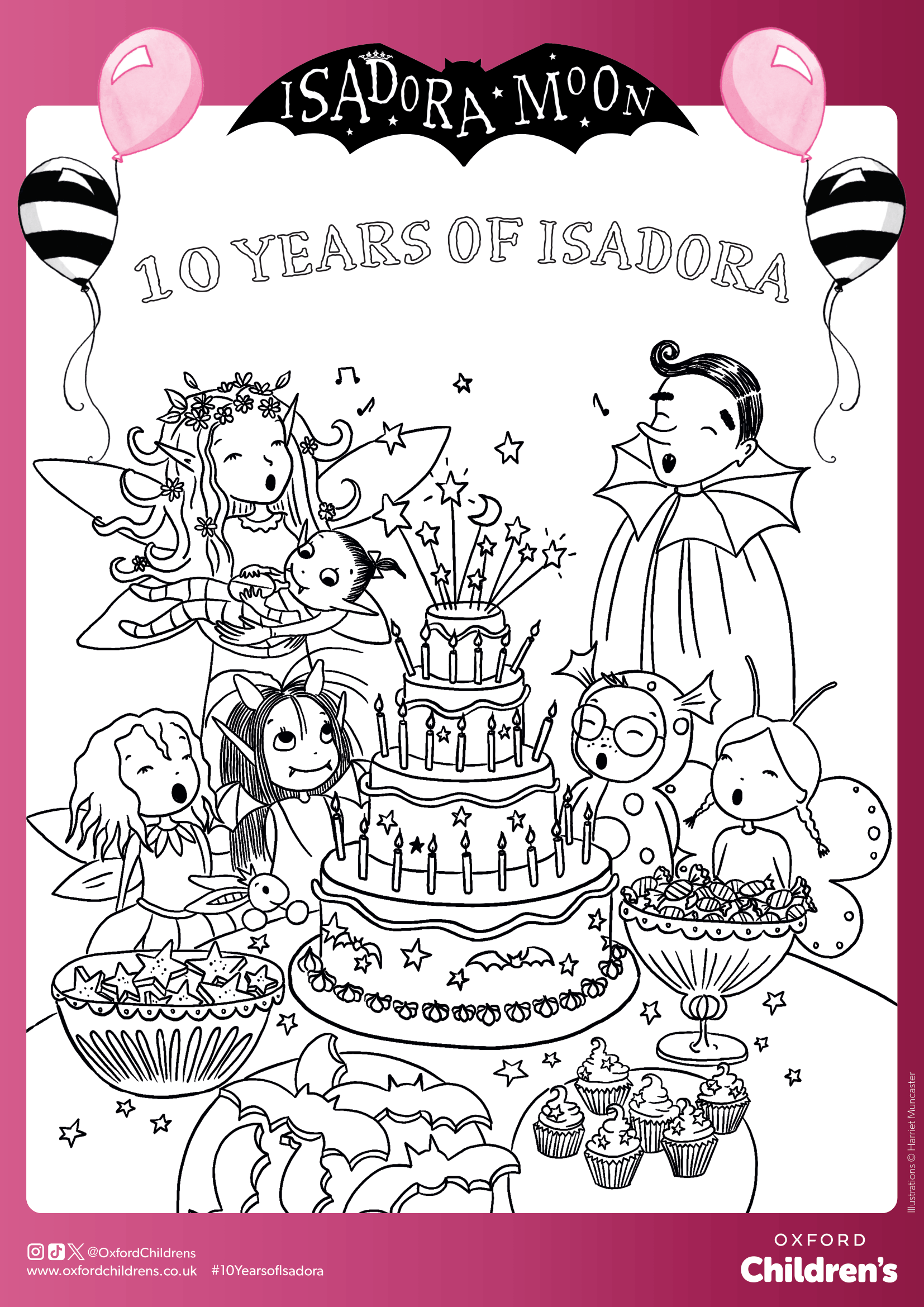 Isadora Moon Birthday Colouring Sheet Isadora Moon and balloons around a blank space for you to design a birthday card for your friend.