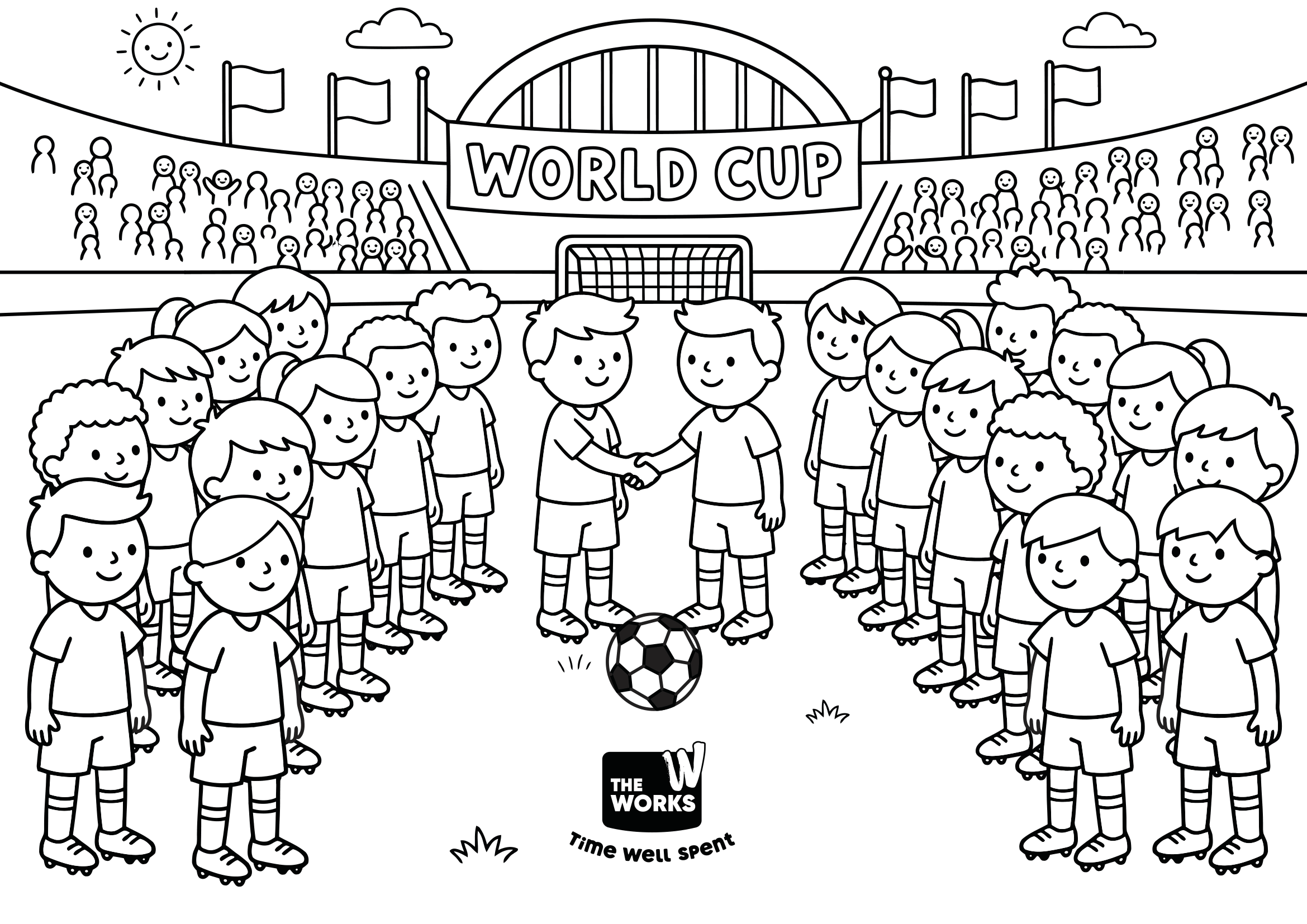 World Cup Football Match Colouring Sheet Free printable World Cup colouring sheet showing young football teams on a football pitch in a stadium.