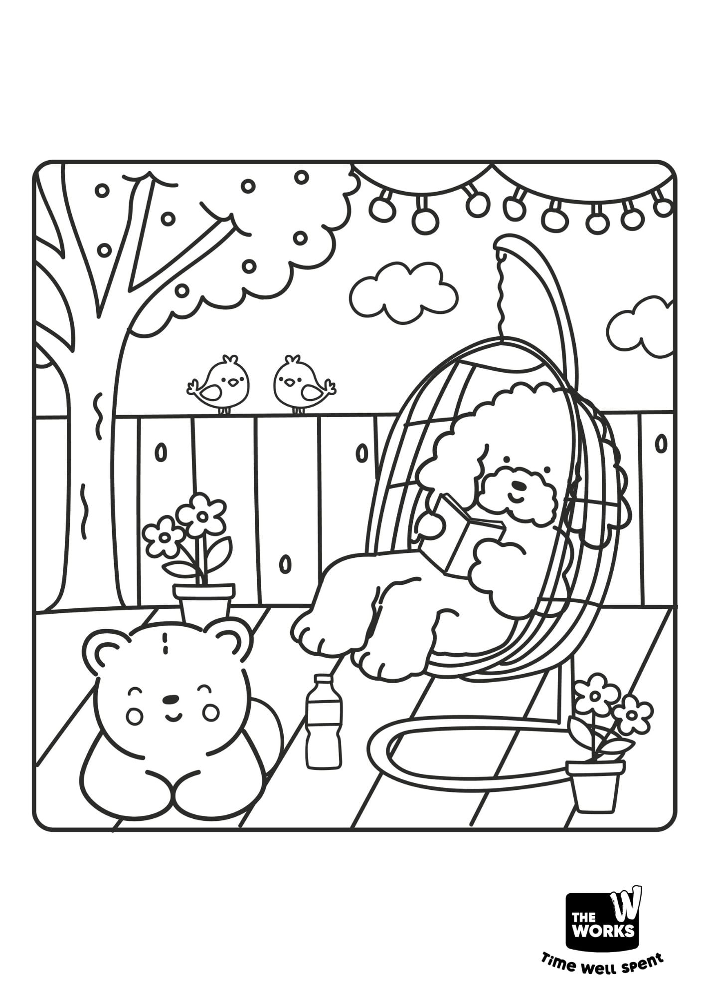 Two animals relaxing in the garden, one reading in an egg chair and the other sunbathing on the floor.