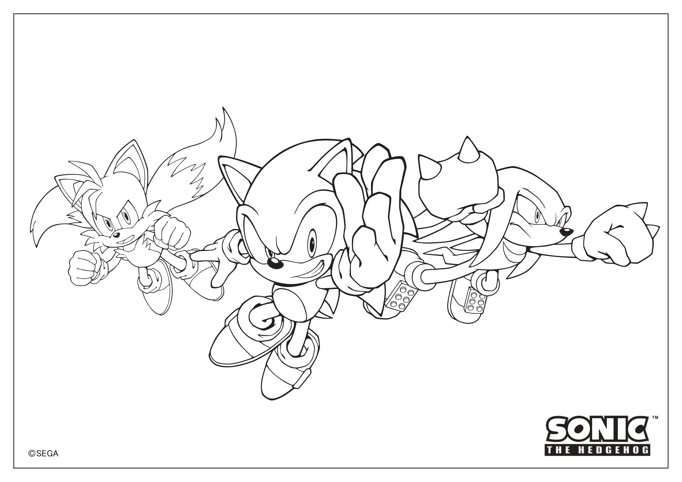 Sonic, Tails and Knuckles Colouring Sheet Black outline of Sonic, Tails and Knuckles posing in the air.