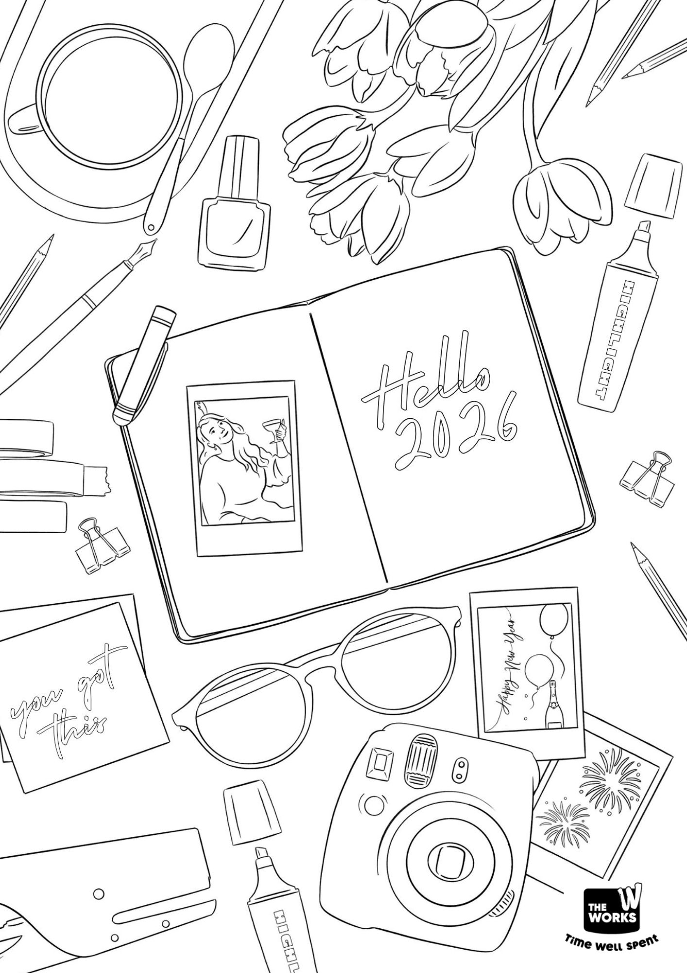 Adult colouring sheet showing flat lay of hobbies, including a journal saying 'Hello 2026' in the centre.