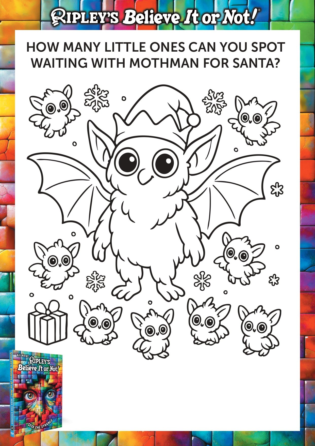 A large mothman to colour in, surrounded by little ones.