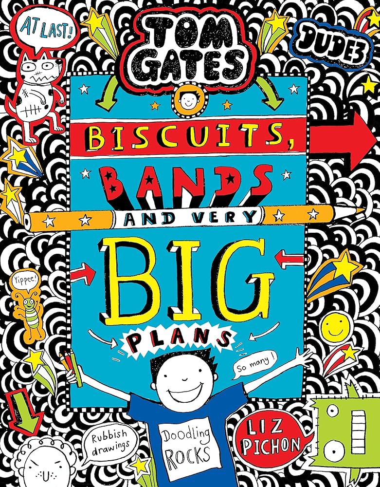 Book 14: Biscuits, Bands and Very Big Plans (2018) Doodled book cover of book 14 in the Tom Gates series.