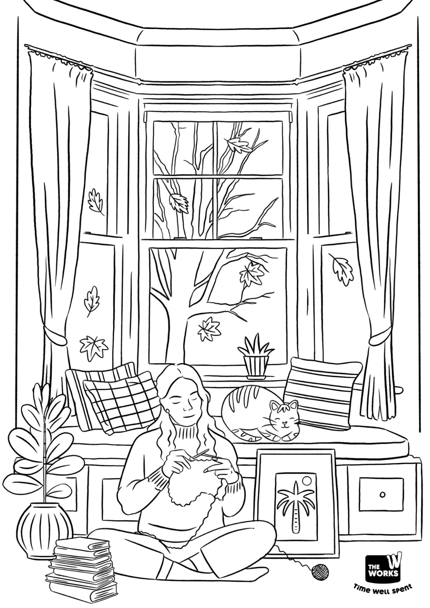 Adult colouring sheet of woman crocheting in front of a window with a cat sleeping on the seat behind.