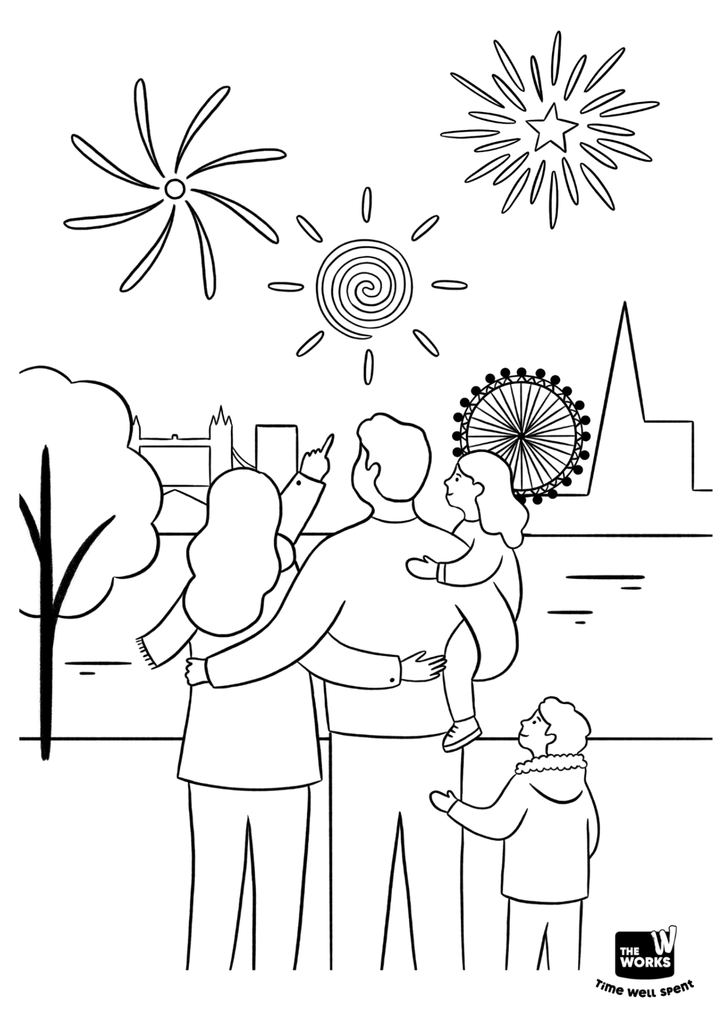 Outline of a family watching fireworks over London to colour in.