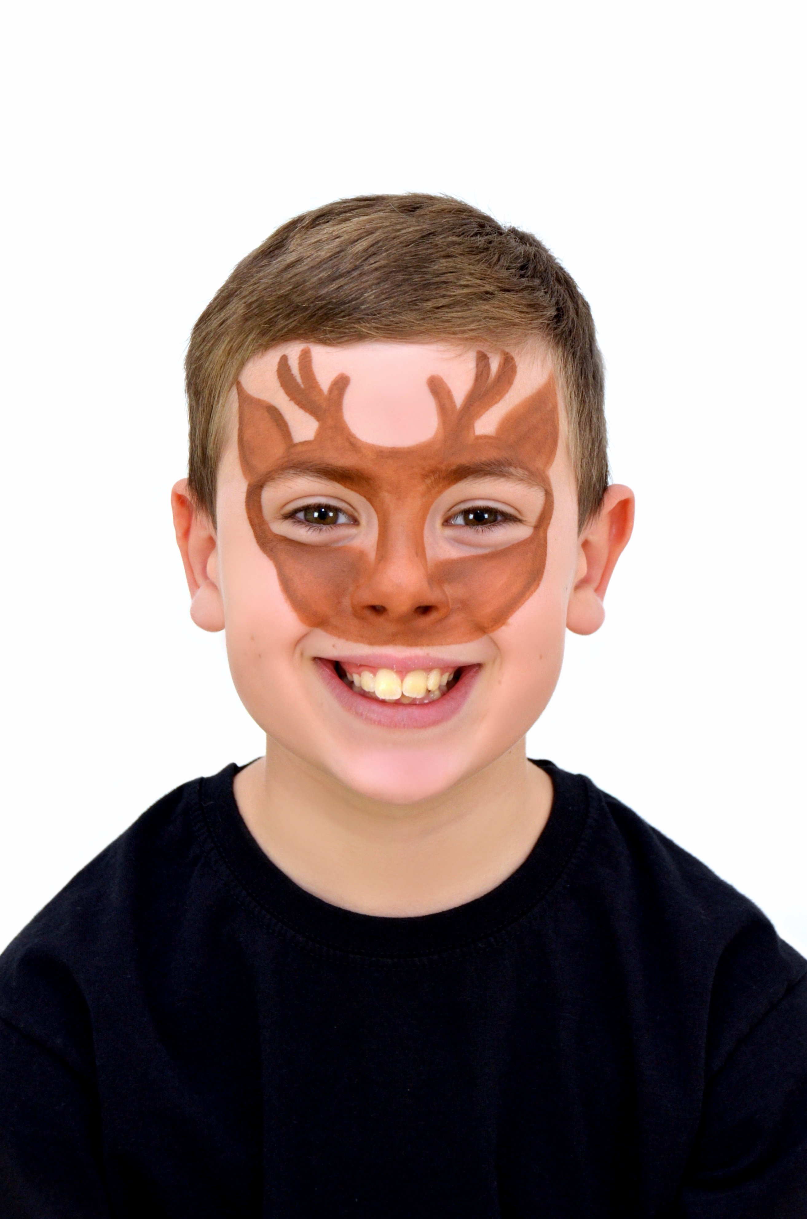 Using light brown paint, outline the deer shape over the face, leaving a large gap around the eyes.