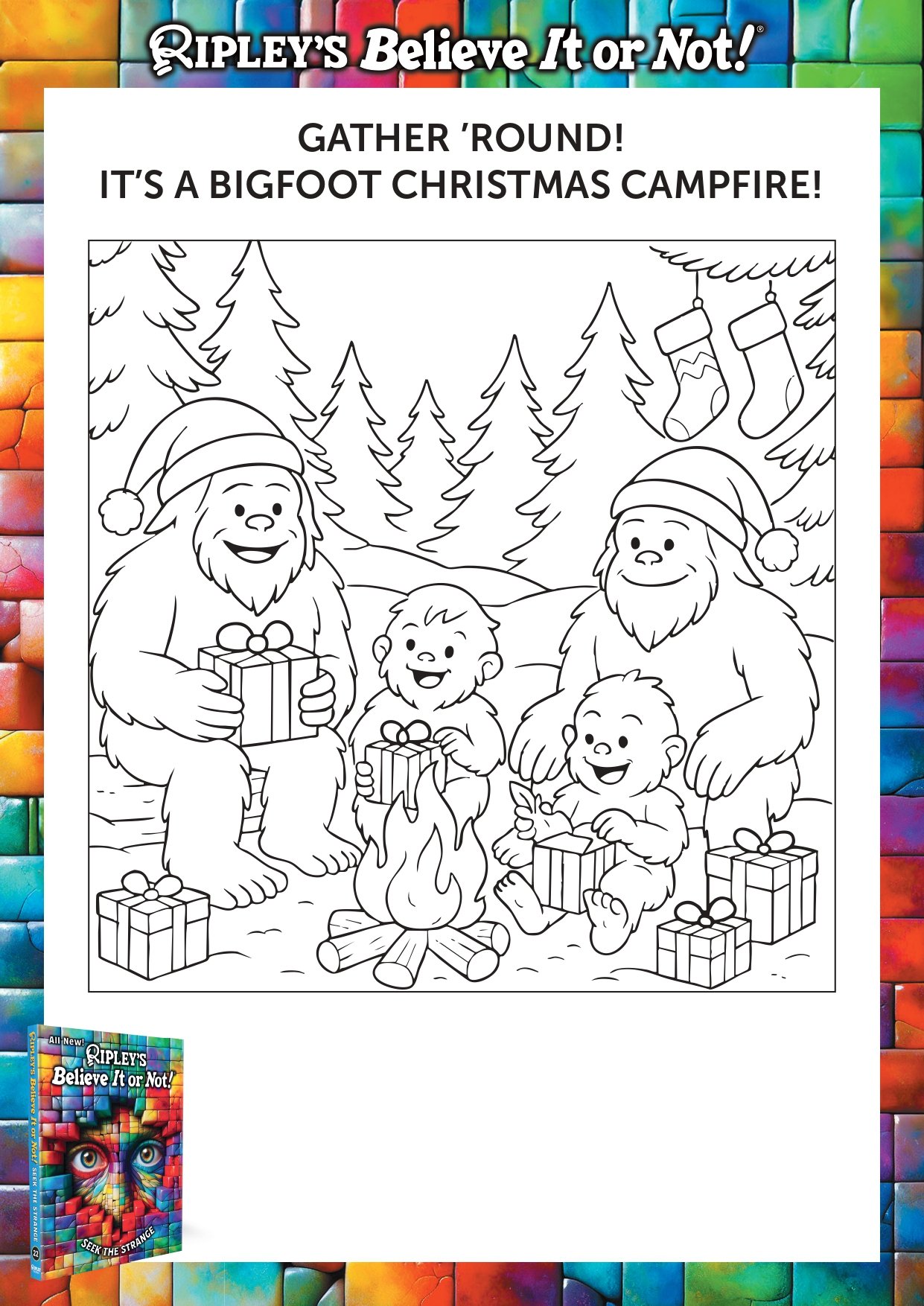 Two large bigfoots and two little ones sit around a campfire in the woods with some gifts.