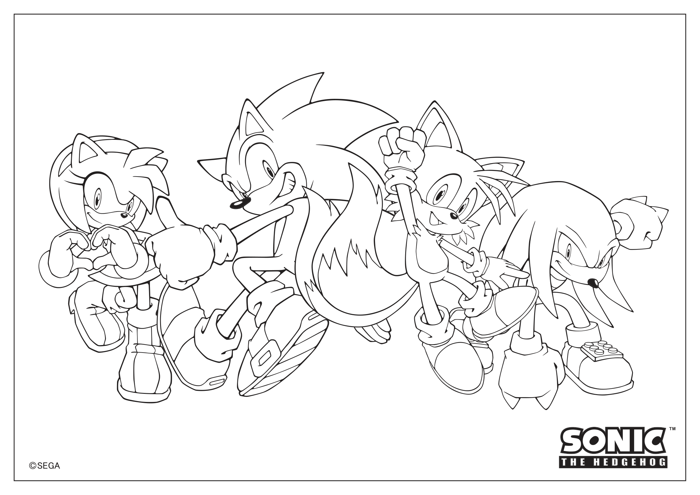 Amy, Sonic, Tails, and Knuckles Colouring Sheet Black outline of Amy, Sonic, Tails and Knuckles posing in the air.