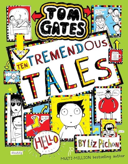 Book 18: Ten Tremendous Tales (2021) Doodled book cover of book 18 in the Tom Gates series.