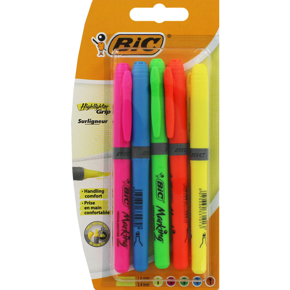 Image of Bic Brite Liner Grip Highlighter Pens Pack Of 5