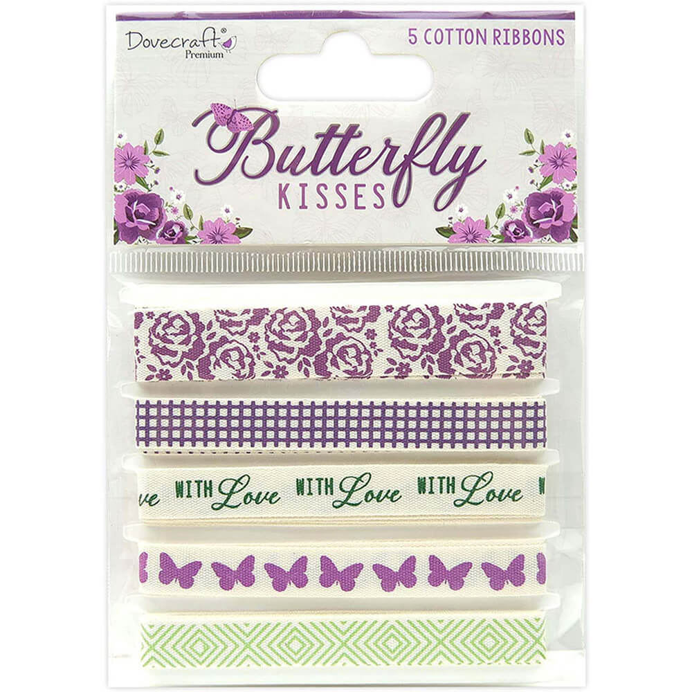 Image of Dovecraft Premium Butterfly Kisses Printed Cotton Ribbons - Pack Of 5